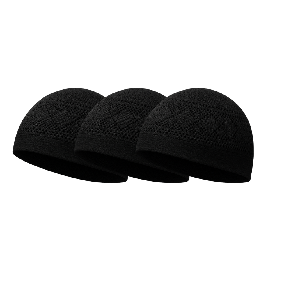 Prayer Cap with Elastic Band - Black Set of 3